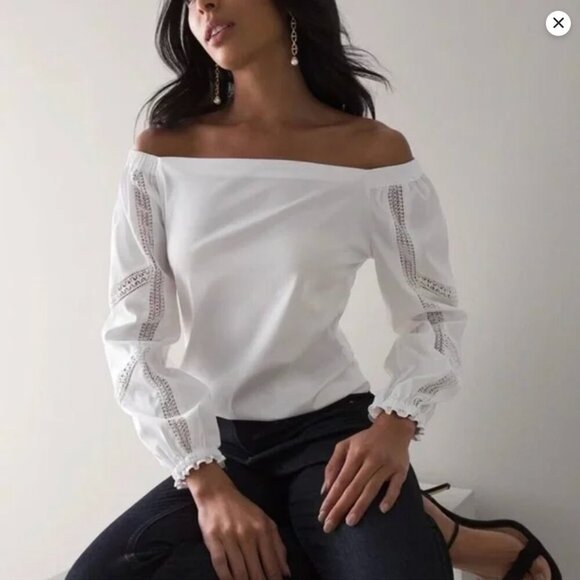 NWT White House Black Market Off the Shoulder Lace Sleeve Poplin Blouse Sz S - Picture 2 of 9